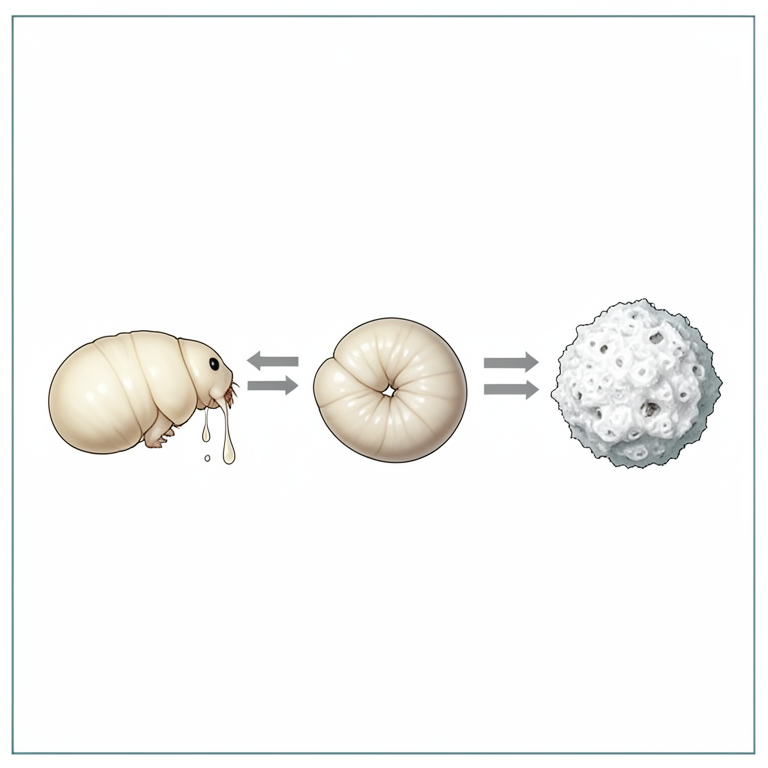 AI-generated conceptual illustration (silkworm larvae (Bombyx mori)). It explains the idea and does not show study data.