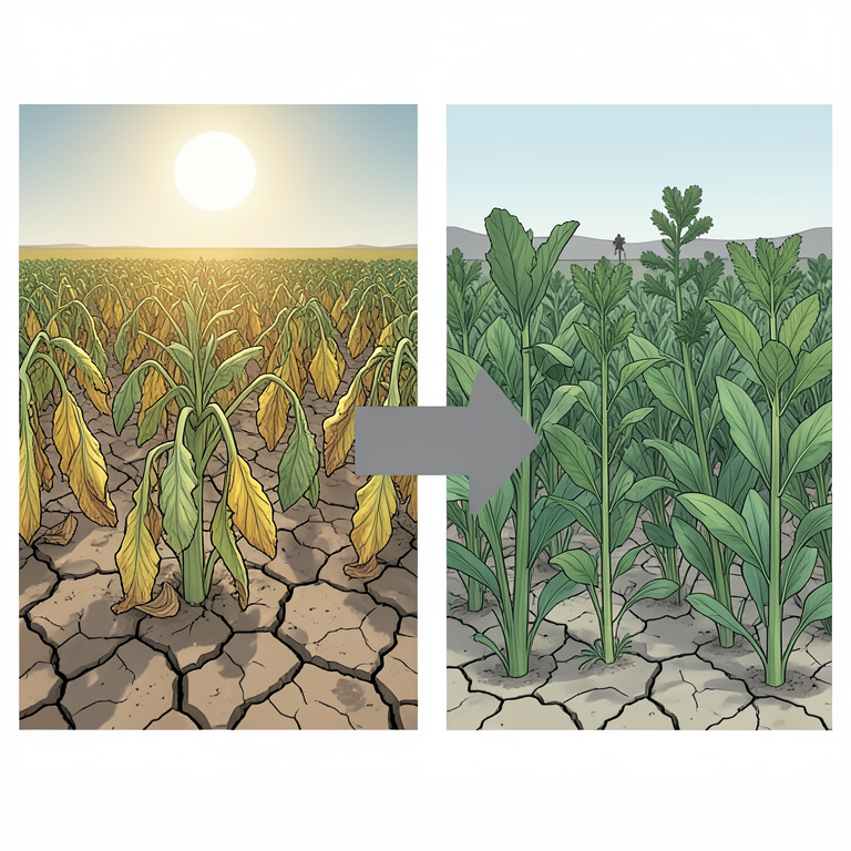 AI-generated conceptual illustration (Indigenous African crops and conventional vegetables in a drought-stricken field). It explains the idea and does not show study data.