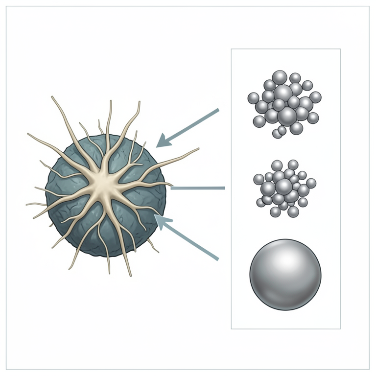 AI-generated conceptual illustration (Fusarium oxysporum fungal cells and silver nanoparticles). It explains the idea and does not show study data.