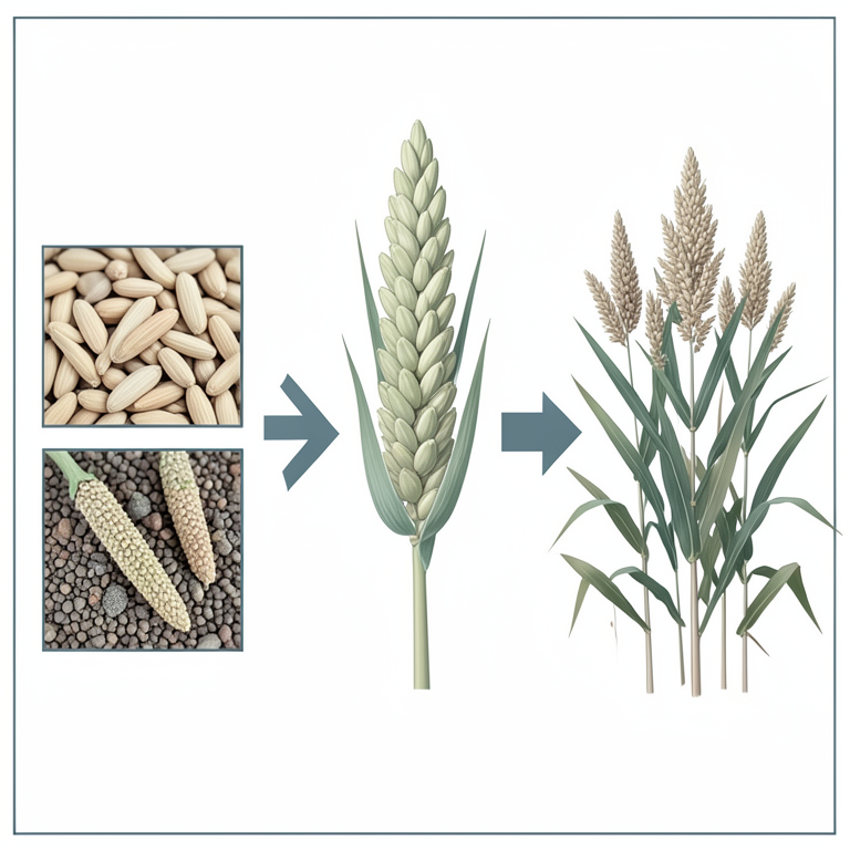 AI-generated conceptual illustration (pearl millet plants (Pennisetum glaucum)). It explains the idea and does not show study data.