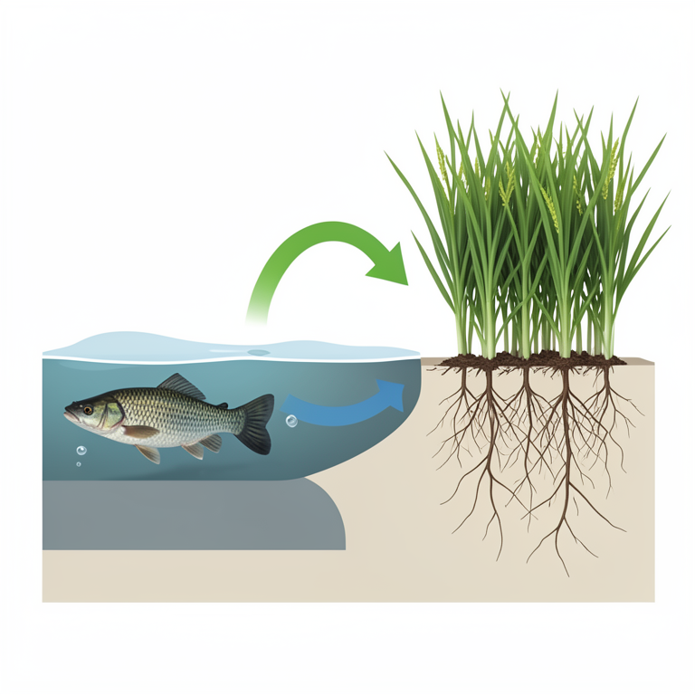 AI-generated conceptual illustration (Tilapia fish and rice plants in a paddy field). It explains the idea and does not show study data.