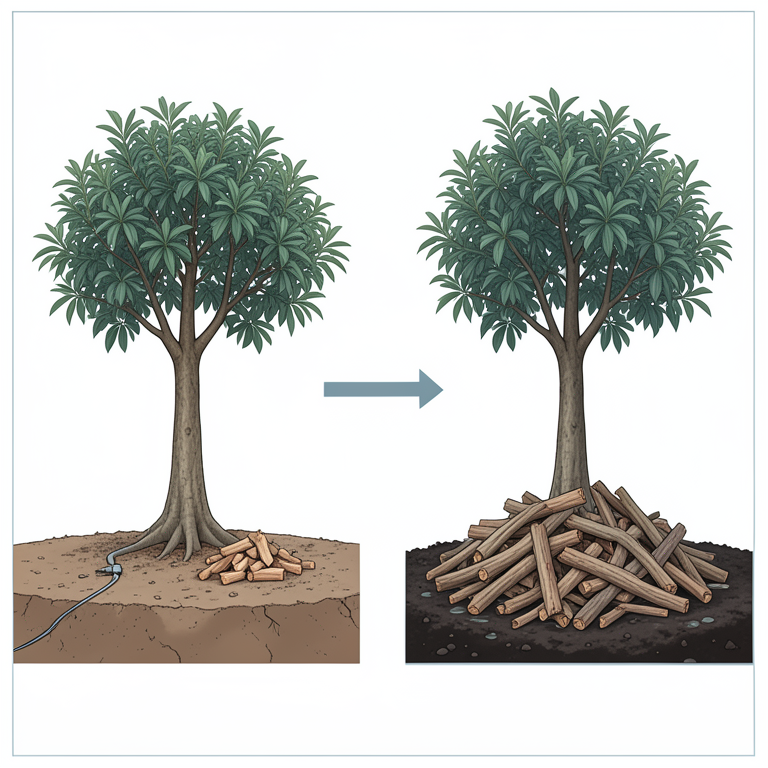 AI-generated conceptual illustration (Cinnamon trees (Cinnamomum burmannii) in a plantation setting). It explains the idea and does not show study data.