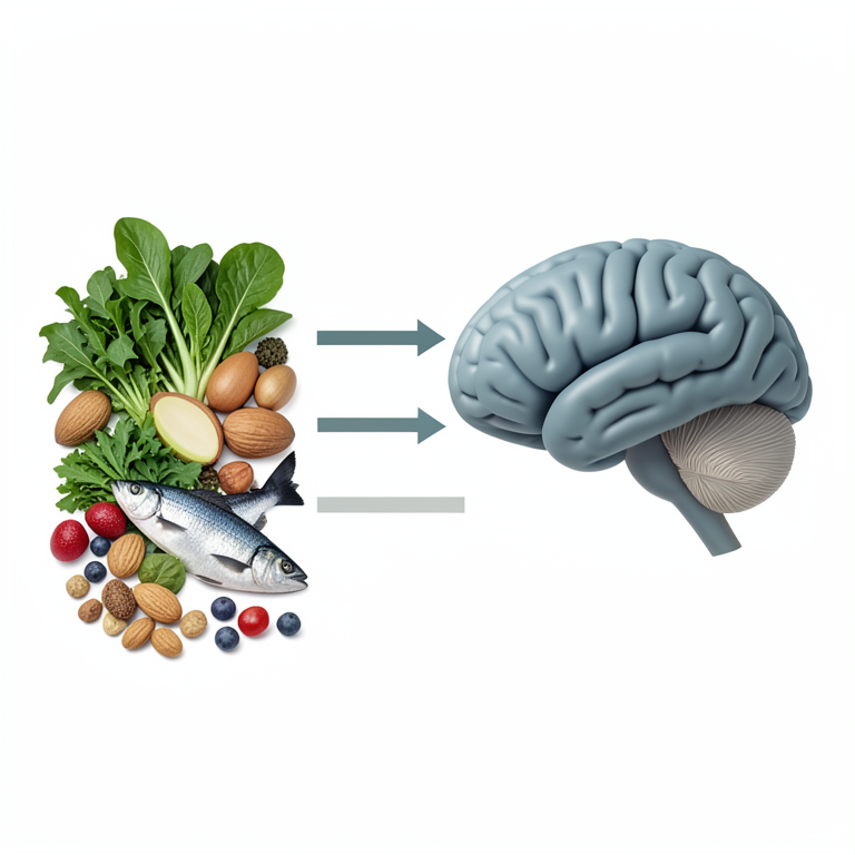 AI-generated conceptual illustration (human brain and various whole foods). It explains the idea and does not show study data.