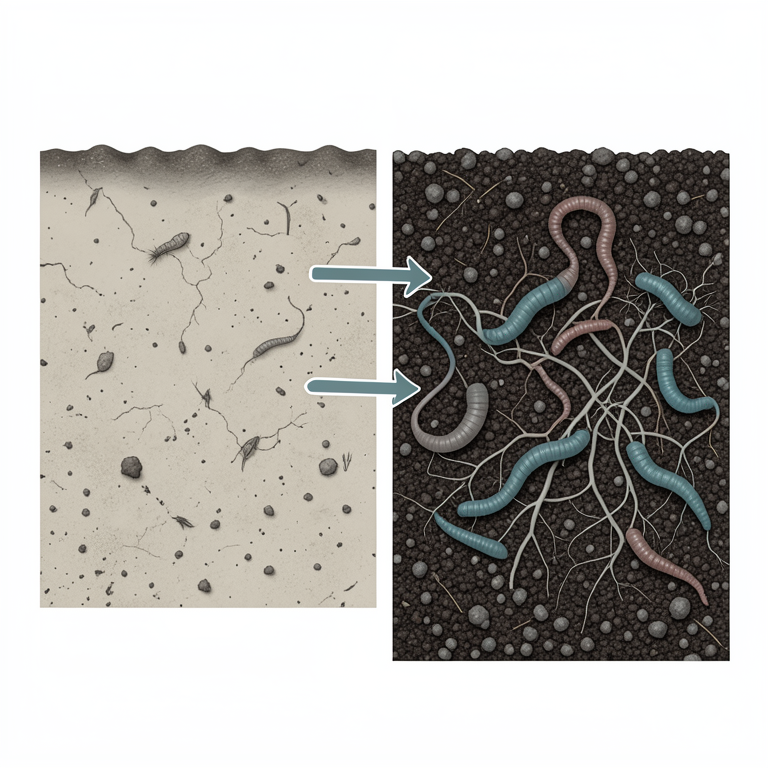 AI-generated conceptual illustration (Agricultural soil with earthworms and microbial colonies). It explains the idea and does not show study data.