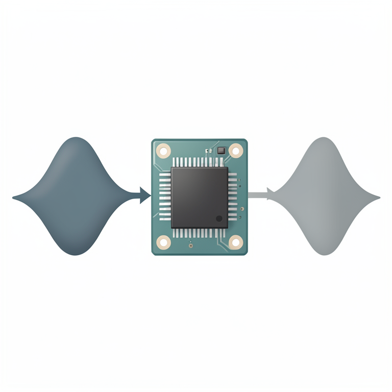AI-generated conceptual illustration (A digital signal processing circuit board with an integrated microprocessor and oscillating wave patterns). It explains the idea and does not show study data.