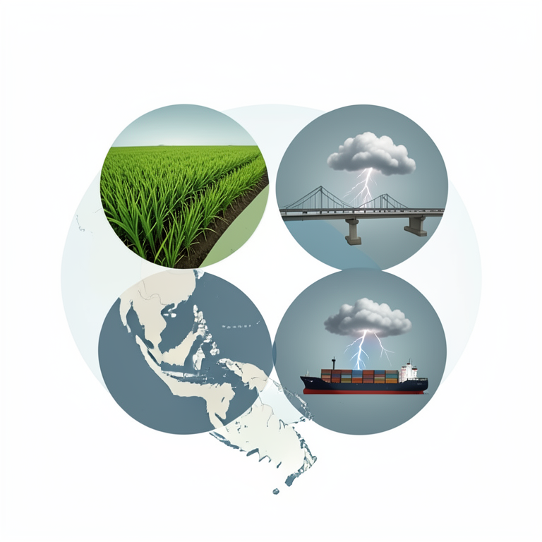 AI-generated conceptual illustration (A map of Southeast Asia with agricultural landscapes, roads, and shipping ports). It explains the idea and does not show study data.