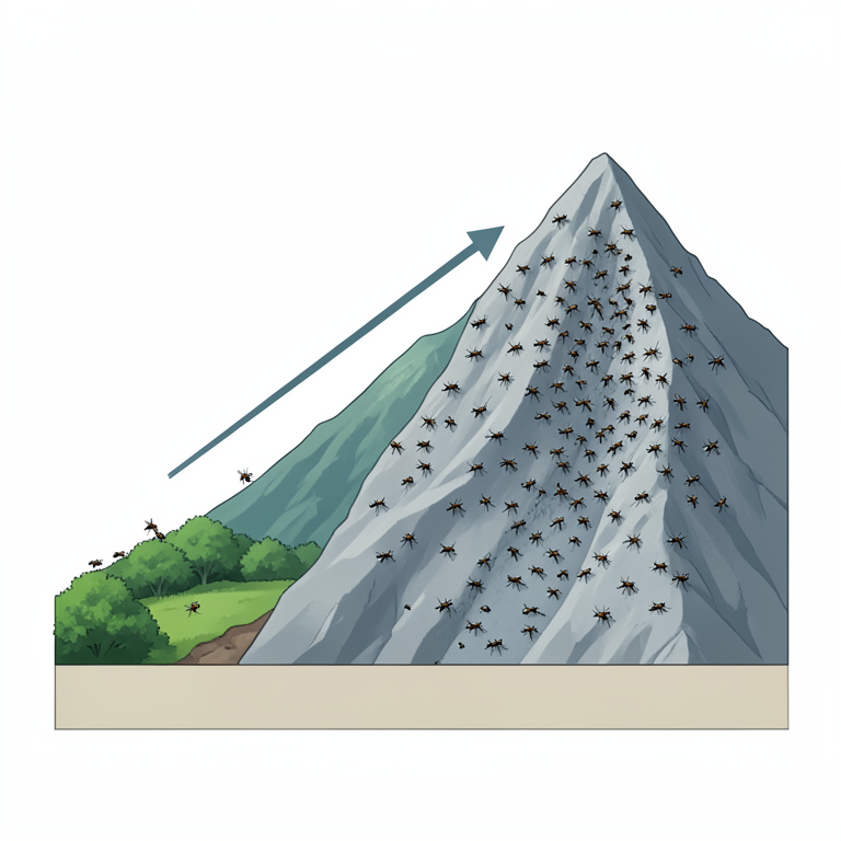 AI-generated conceptual illustration (Drosophila nepalensis flies on a Himalayan mountain slope). It explains the idea and does not show study data.