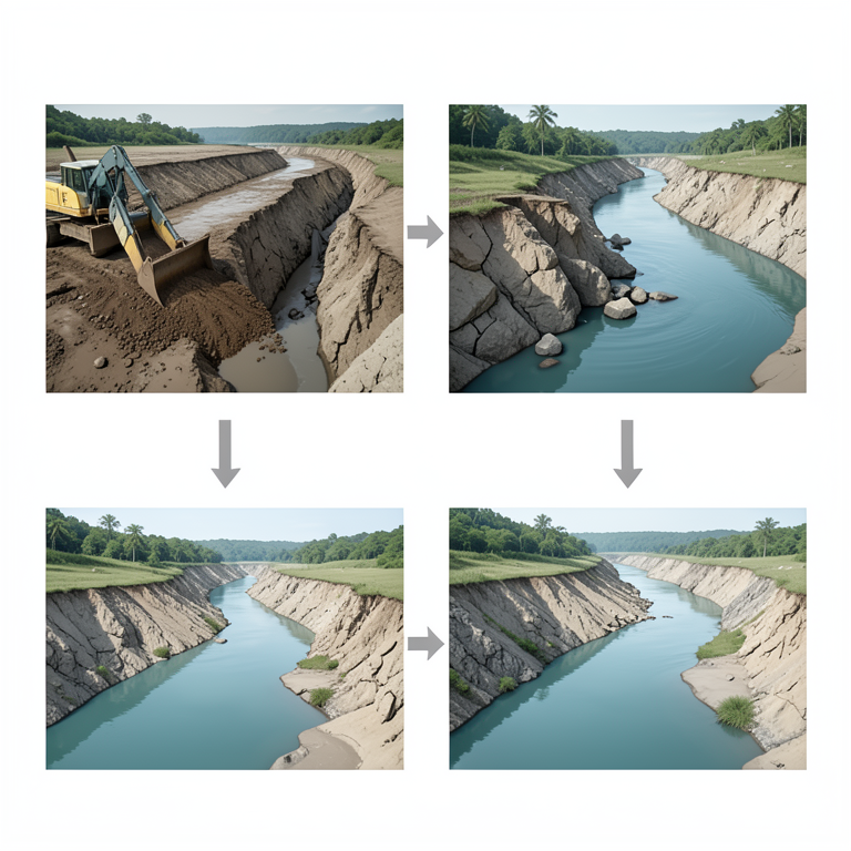 AI-generated conceptual illustration (Mekong River basin with sand and gravel deposits). It explains the idea and does not show study data.
