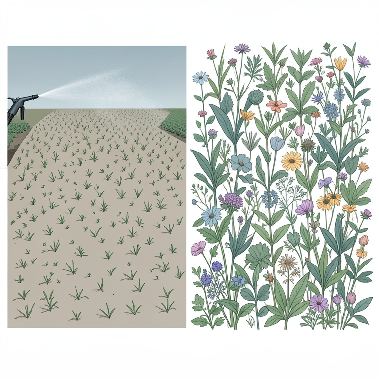 AI-generated conceptual illustration (Agricultural fields with weed flora). It explains the idea and does not show study data.