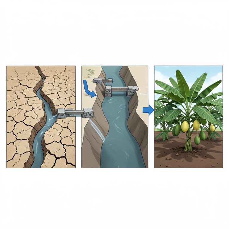 AI-generated conceptual illustration (Banana and papaya plants in a semi-arid landscape with water conservation structures). It explains the idea and does not show study data.