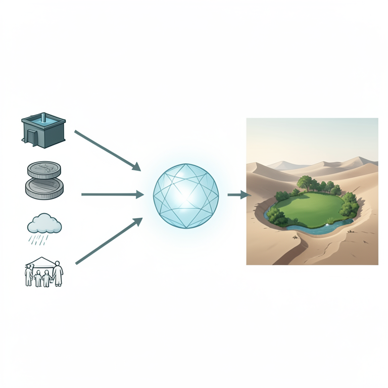 AI-generated conceptual illustration (Traditional Rajasthani water harvesting structures (Taankas and Johads) in an arid landscape). It explains the idea and does not show study data.
