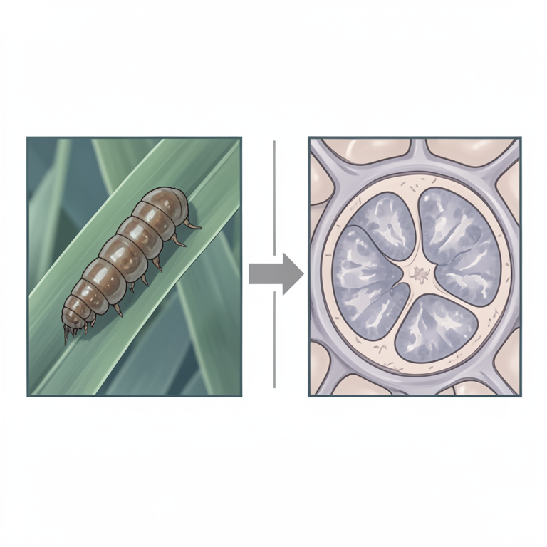 AI-generated conceptual illustration (Fall armyworm (Spodoptera frugiperda) larvae on maize leaves). It explains the idea and does not show study data.