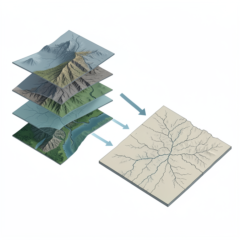 AI-generated conceptual illustration (A geographical watershed landscape of the Kaliasot area). It explains the idea and does not show study data.