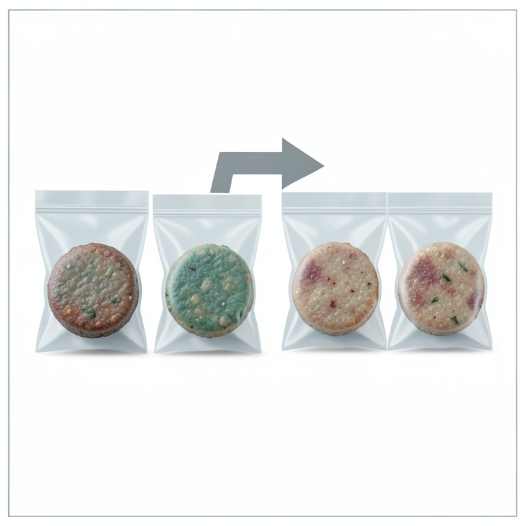 AI-generated conceptual illustration (fish patties made from Abramis brama protein concentrate in polyethylene bags). It explains the idea and does not show study data.