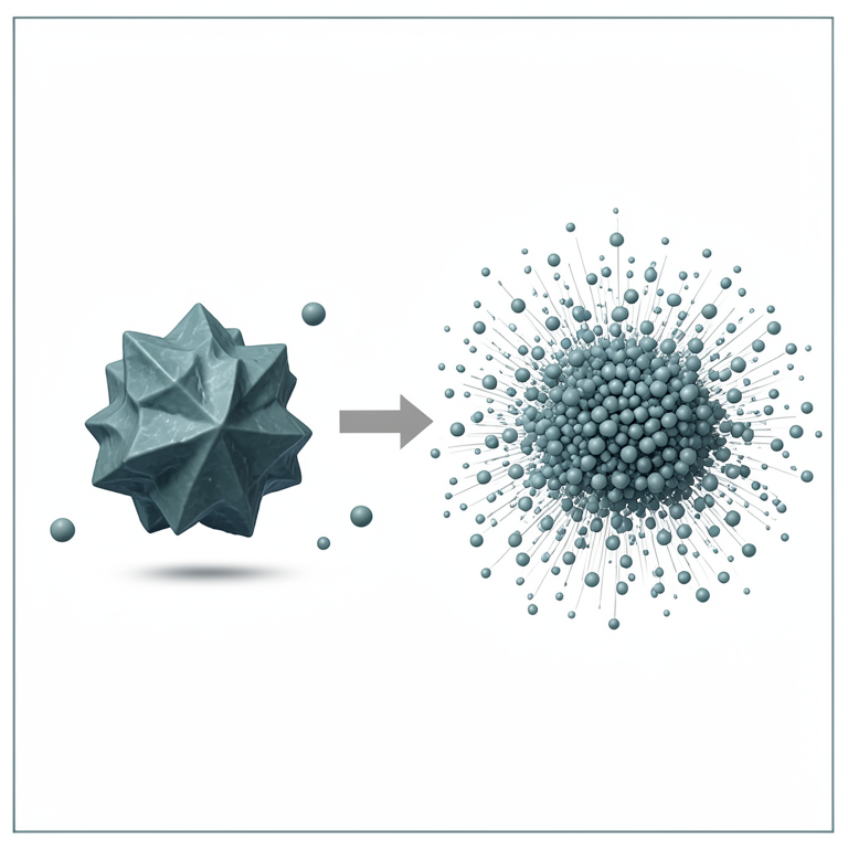 AI-generated conceptual illustration (BCS class II drug crystals in an aqueous environment). It explains the idea and does not show study data.