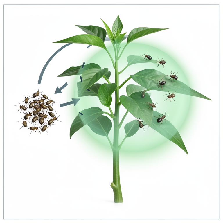 AI-generated conceptual illustration (chilli plants (Capsicum annuum L.) and aphids). It explains the idea and does not show study data.