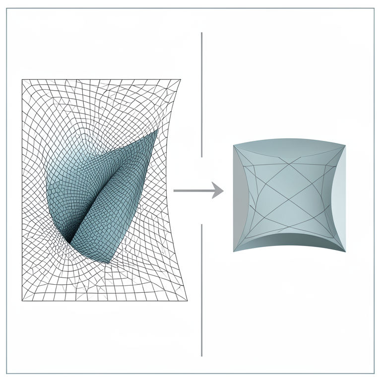 AI-generated conceptual illustration (A three-dimensional geometric surface with a cyclic curvature embedded in a pseudo-Euclidean coordinate system). It explains the idea and does not show study data.