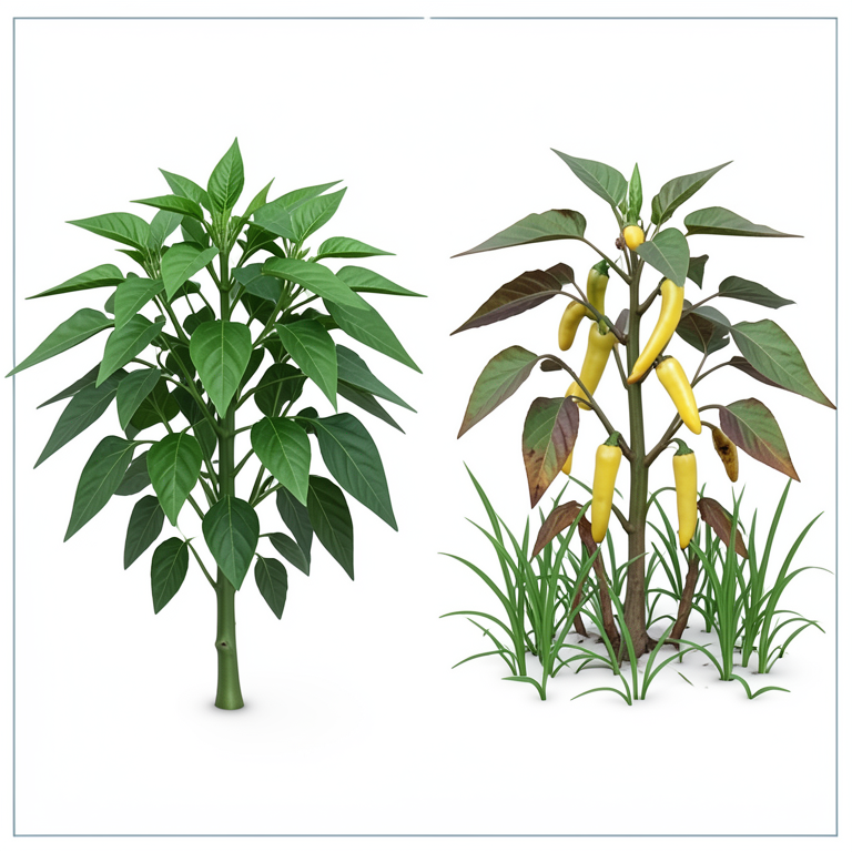 AI-generated conceptual illustration (transplanted chilli plants and common weeds). It explains the idea and does not show study data.