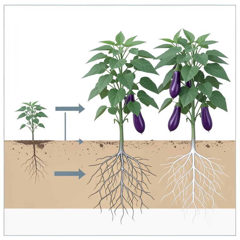 AI-generated conceptual illustration (brinjal plants (Solanum melongena L.) in sandy loam soil). It explains the idea and does not show study data.