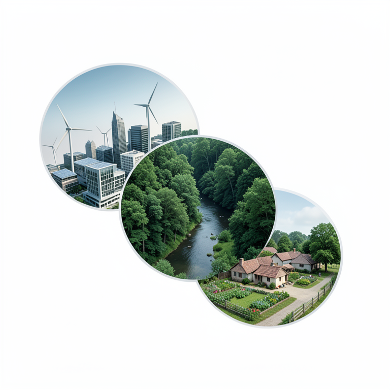 AI-generated conceptual illustration (A stylized landscape featuring a modern city, a lush forest, and a diverse community village). It explains the idea and does not show study data.