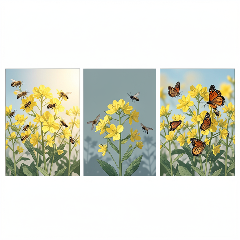 AI-generated conceptual illustration (Mustard plants (Brassica juncea) and insect pollinators (honeybees, stingless bees, flies, and butterflies)). It explains the idea and does not show study data.