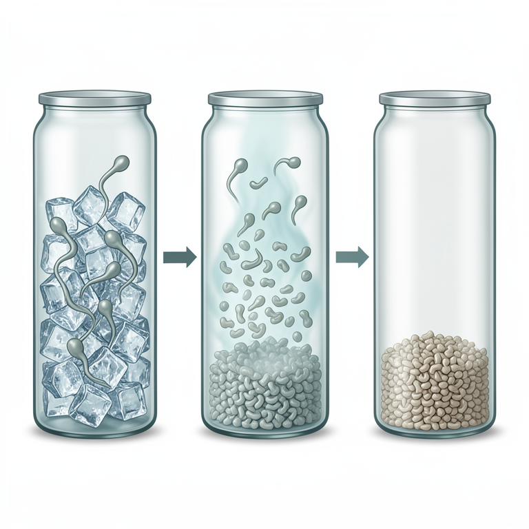 AI-generated conceptual illustration (mammalian sperm cells in a laboratory vial). It explains the idea and does not show study data.