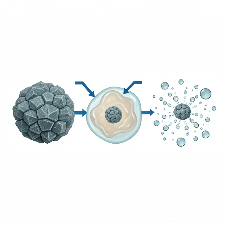AI-generated conceptual illustration (crystalline drug particles and a polymer matrix in an aqueous environment). It explains the idea and does not show study data.