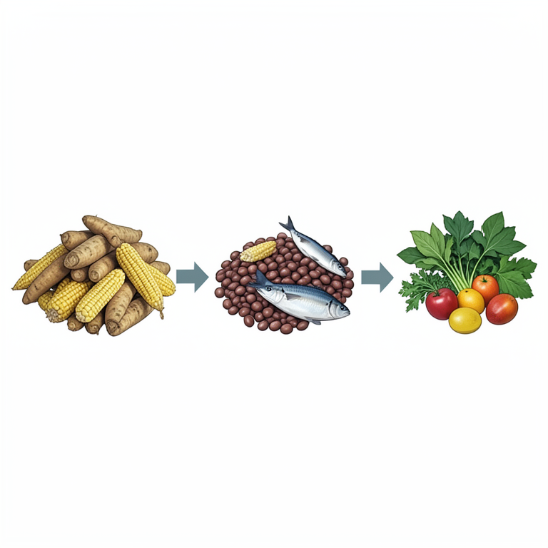 AI-generated conceptual illustration (Rural Nigerian food staples (cassava, maize, beans, fish, leafy greens, and tropical fruits)). It explains the idea and does not show study data.