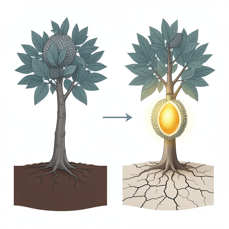 AI-generated conceptual illustration (Durian trees (Durio zibethinus)). It explains the idea and does not show study data.