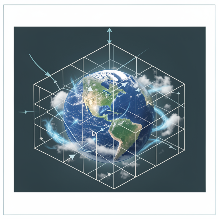 AI-generated conceptual illustration (Planet Earth with a 3D atmospheric grid). It explains the idea and does not show study data.