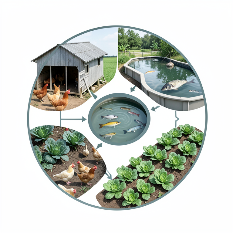 AI-generated conceptual illustration (integrated fish pond, poultry house, and vegetable garden). It explains the idea and does not show study data.