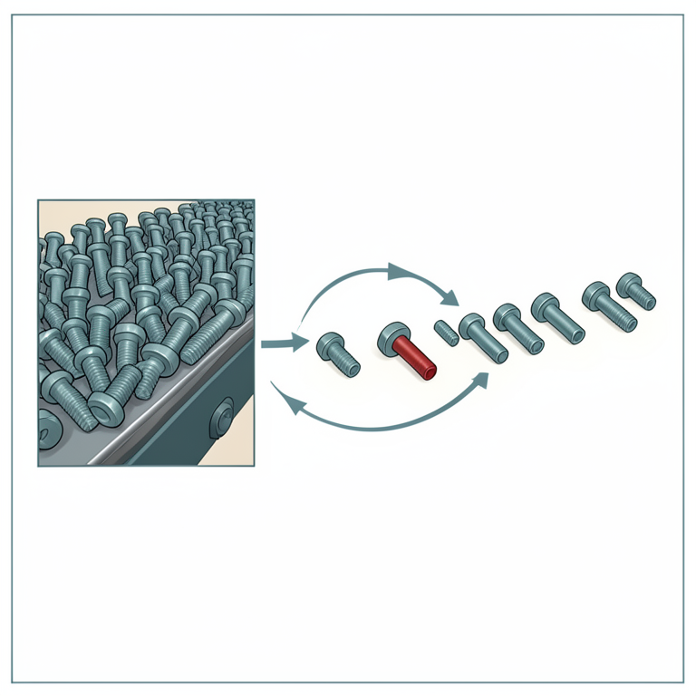 AI-generated conceptual illustration (industrial manufactured metal bolts on a conveyor belt). It explains the idea and does not show study data.
