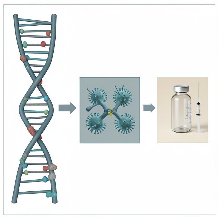 AI-generated conceptual illustration (Human DNA strands and antibody proteins). It explains the idea and does not show study data.