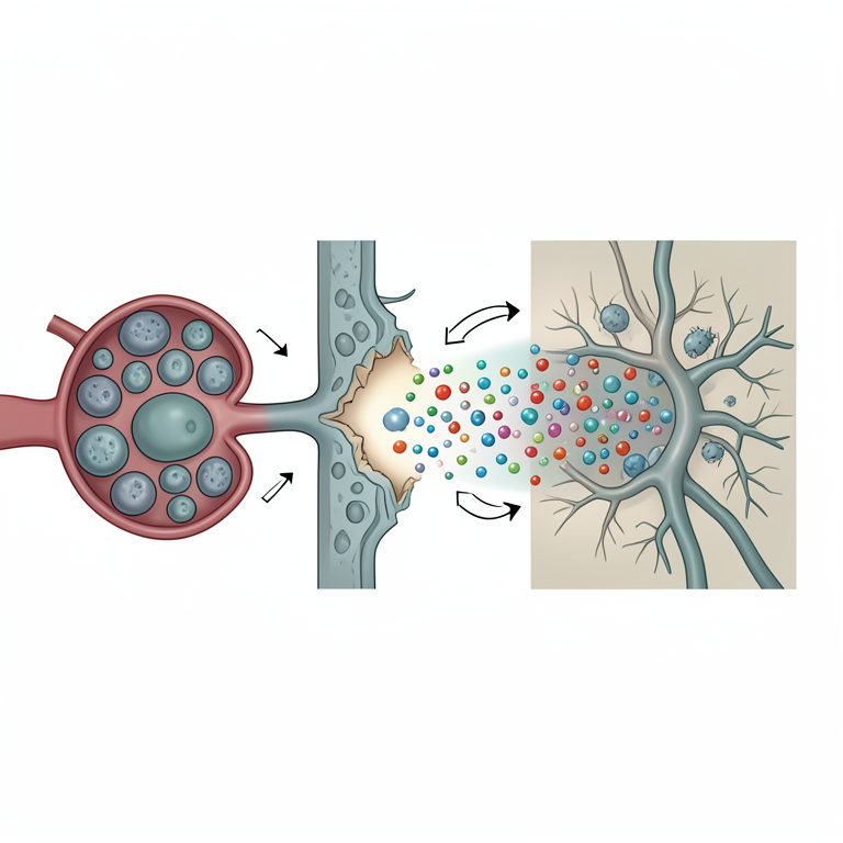 AI-generated conceptual illustration (Human blood-brain barrier and central nervous system tissue). It explains the idea and does not show study data.