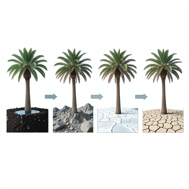 AI-generated conceptual illustration (Date palm trees (Phoenix dactylifera)). It explains the idea and does not show study data.