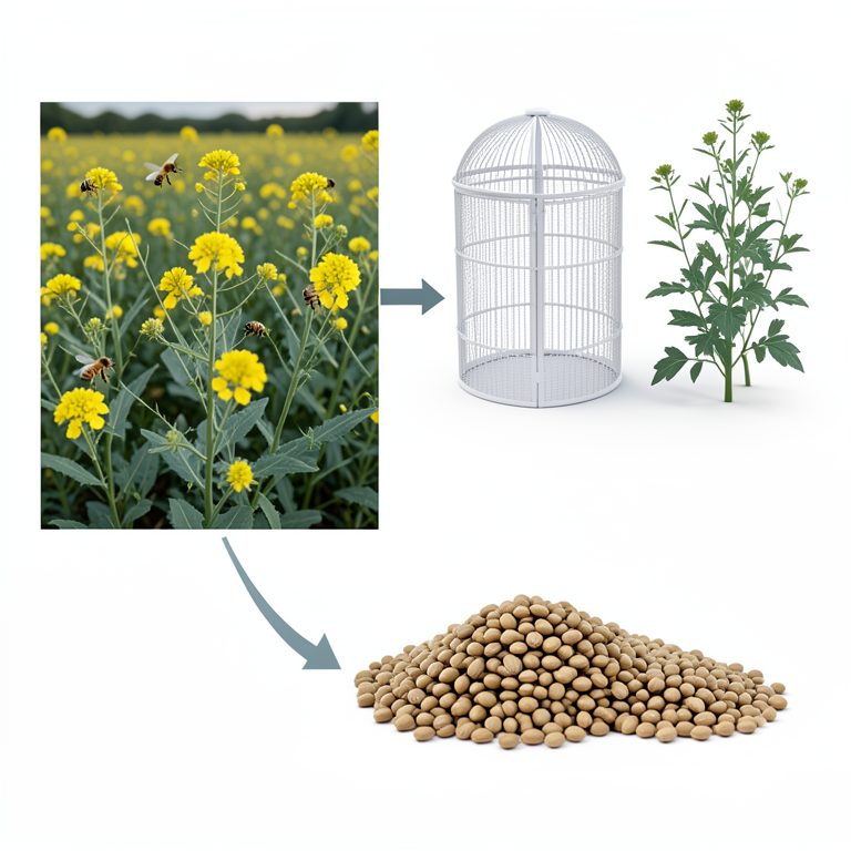 AI-generated conceptual illustration (Mustard plants (Brassica juncea) and honeybees). It explains the idea and does not show study data.