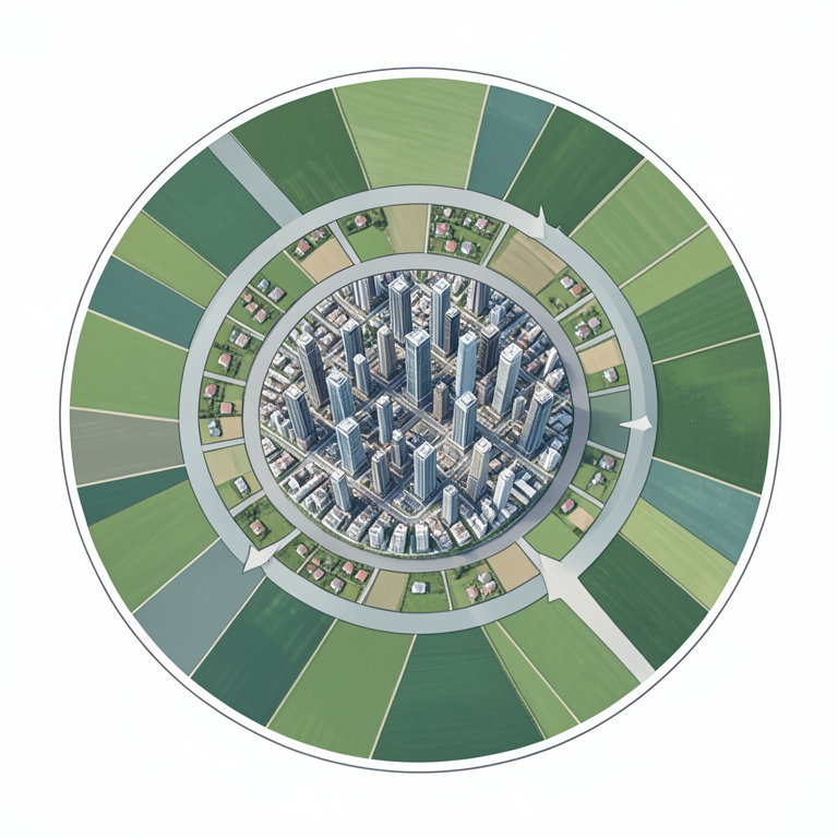 AI-generated conceptual illustration (A landscape map of Tiruchirapalli District showing urban, peri-urban, and rural land use). It explains the idea and does not show study data.