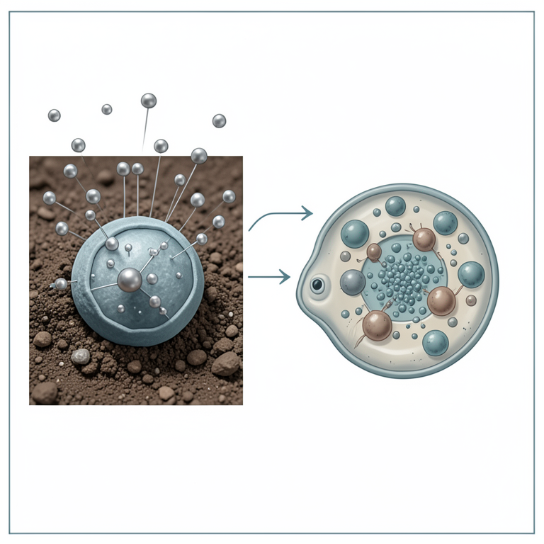 AI-generated conceptual illustration (silver and zinc oxide nanoparticles in soil and fish cells). It explains the idea and does not show study data.