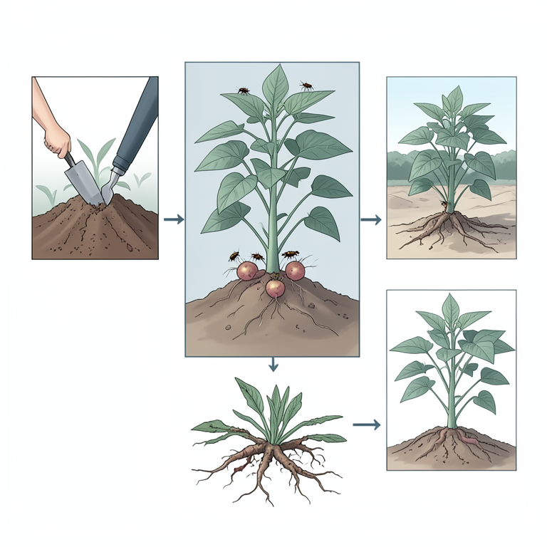 AI-generated conceptual illustration (sweet potato plants in a field). It explains the idea and does not show study data.