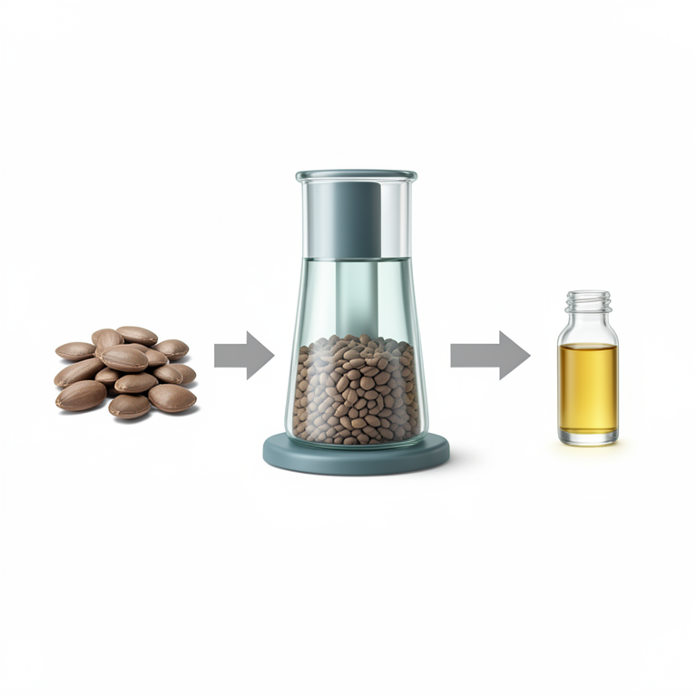 AI-generated conceptual illustration (Terminalia mantaly seeds and a Soxhlet extraction apparatus). It explains the idea and does not show study data.