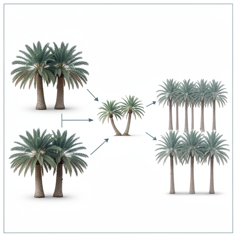 AI-generated conceptual illustration (Date palm trees (Phoenix dactylifera)). It explains the idea and does not show study data.