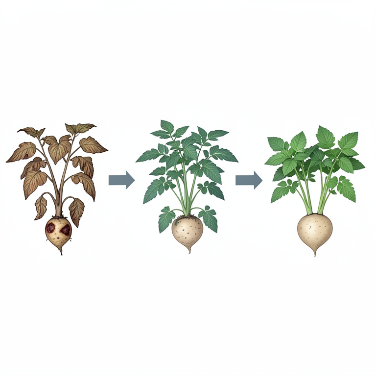 AI-generated conceptual illustration (potato plants (Solanum tuberosum) with late blight infection). It explains the idea and does not show study data.