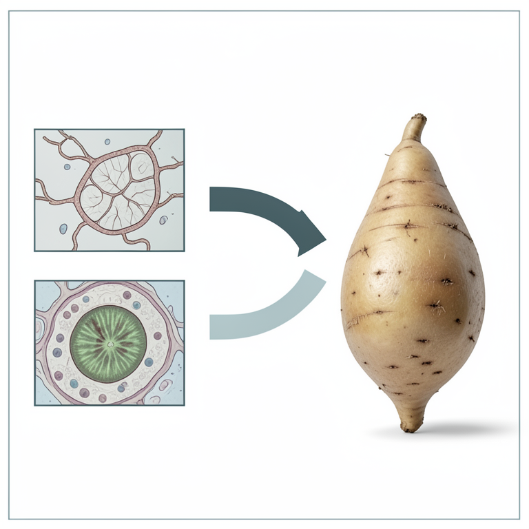AI-generated conceptual illustration (yam plants (Dioscorea spp.)). It explains the idea and does not show study data.