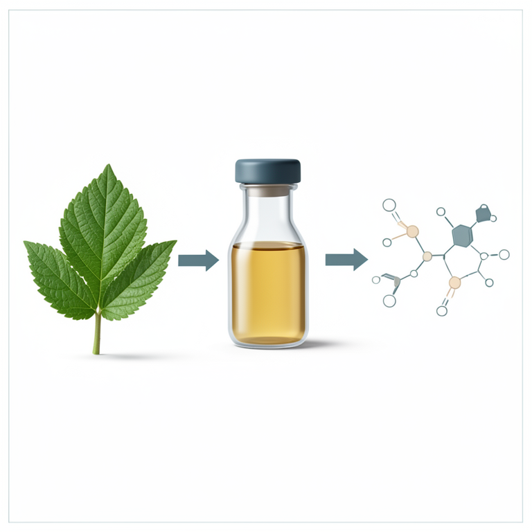 AI-generated conceptual illustration (Medicinal plant leaves and chemical extract). It explains the idea and does not show study data.