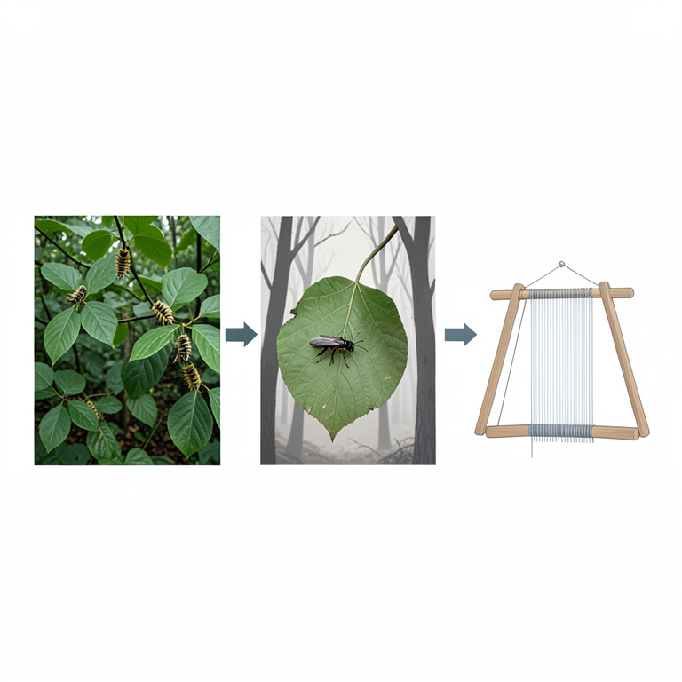 AI-generated conceptual illustration (Vanya silk moths (Antheraea paphia) and their host plants in a forest setting). It explains the idea and does not show study data.