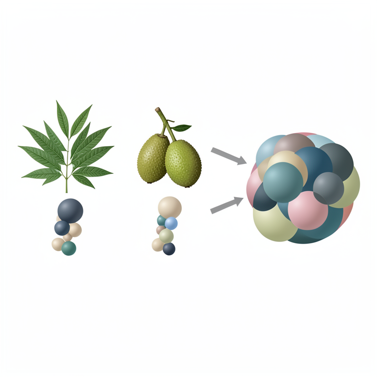 AI-generated conceptual illustration (Moringa leaves, Baobab fruit, and African yam beans). It explains the idea and does not show study data.