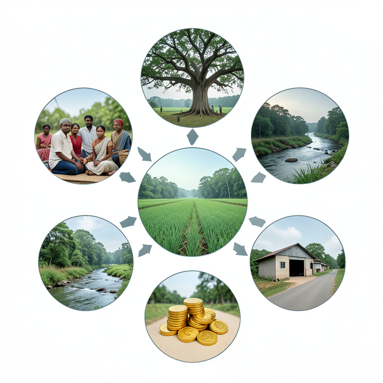 AI-generated conceptual illustration (Rural Indian village landscape with agricultural fields, livestock, and community infrastructure). It explains the idea and does not show study data.