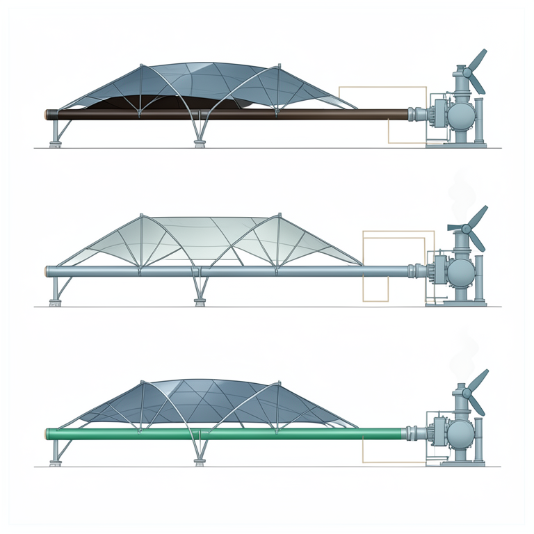 AI-generated conceptual illustration (parabolic trough solar collectors and power plant components). It explains the idea and does not show study data.