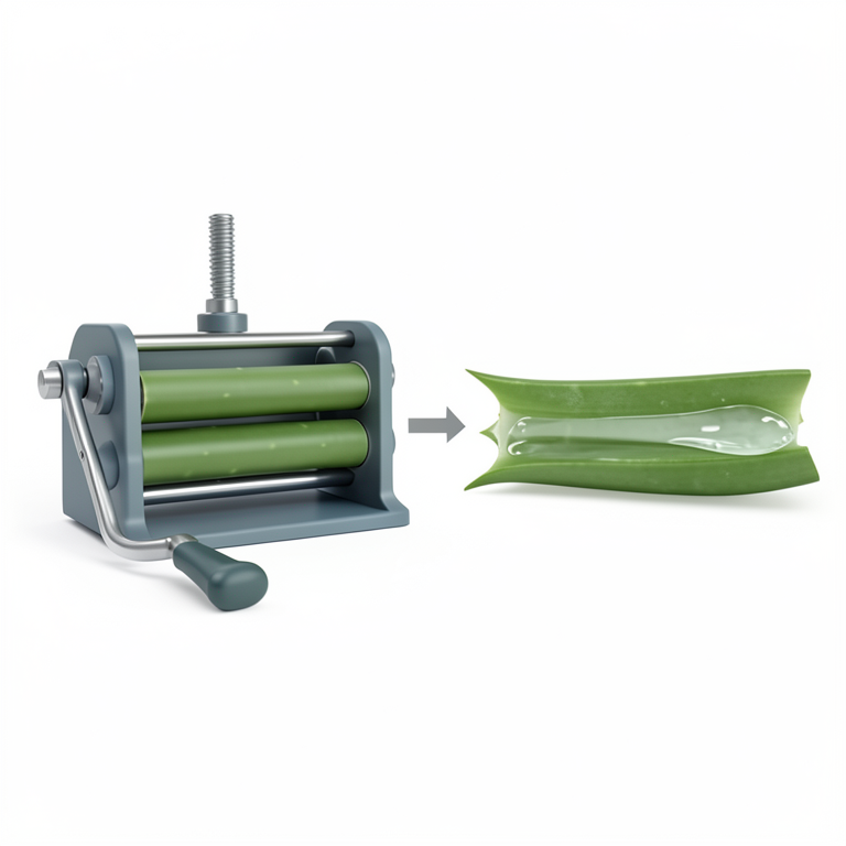 AI-generated conceptual illustration (hand-operated Aloe vera gel extractor machine and Aloe vera leaves). It explains the idea and does not show study data.