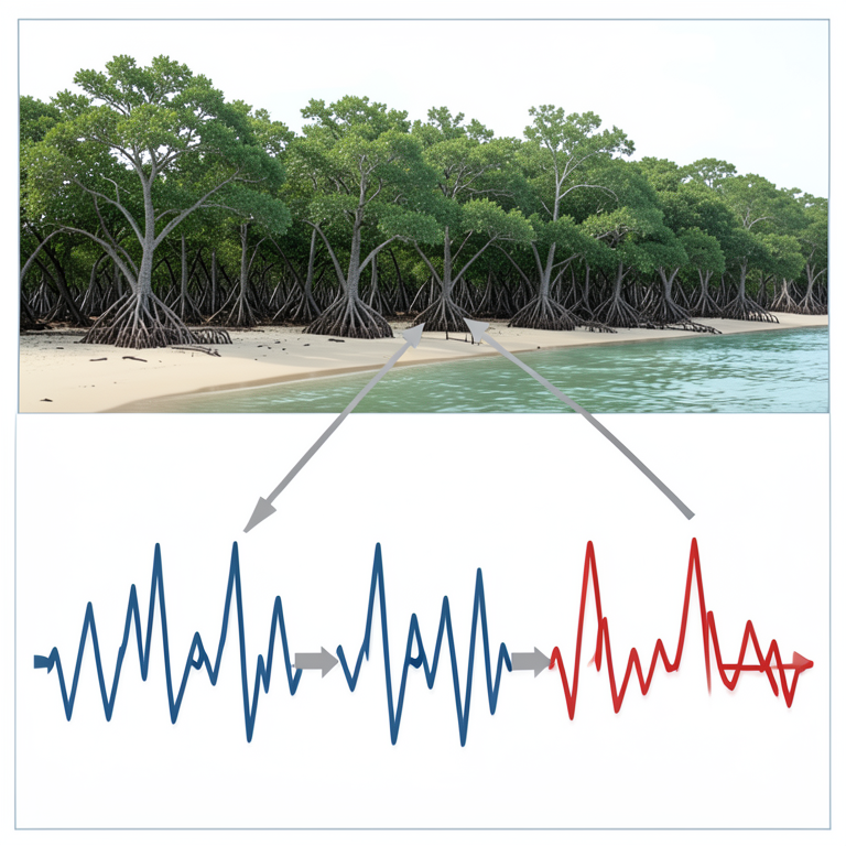 AI-generated conceptual illustration (Mangrove forests along a tropical coastline). It explains the idea and does not show study data.